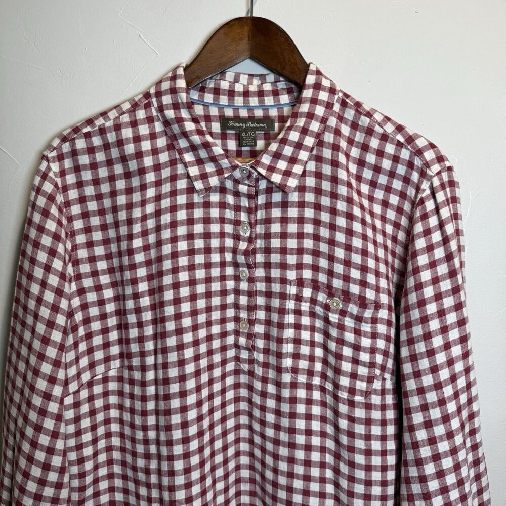 Tommy Bahama Red and White Gingham Linen Long Sleeve Women's Shirt Size XL - Picture 10 of 13